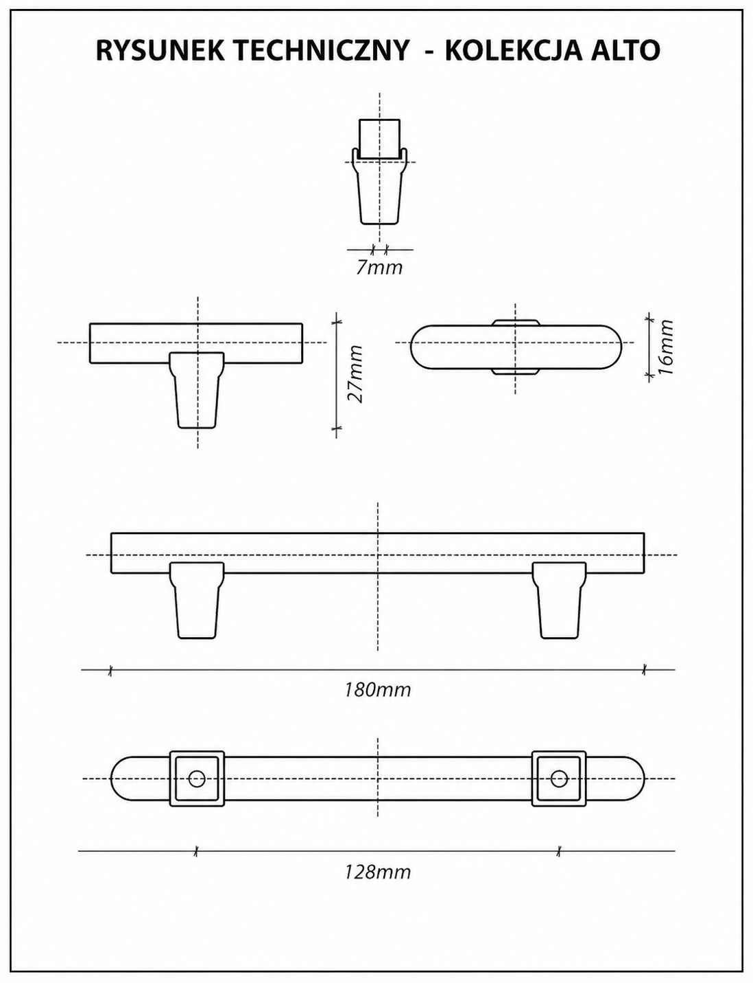 Rysunek techniczny uchwytu meblowego Alto - przekrój profilu, wymiary T-Bar, 128mm i 192mm